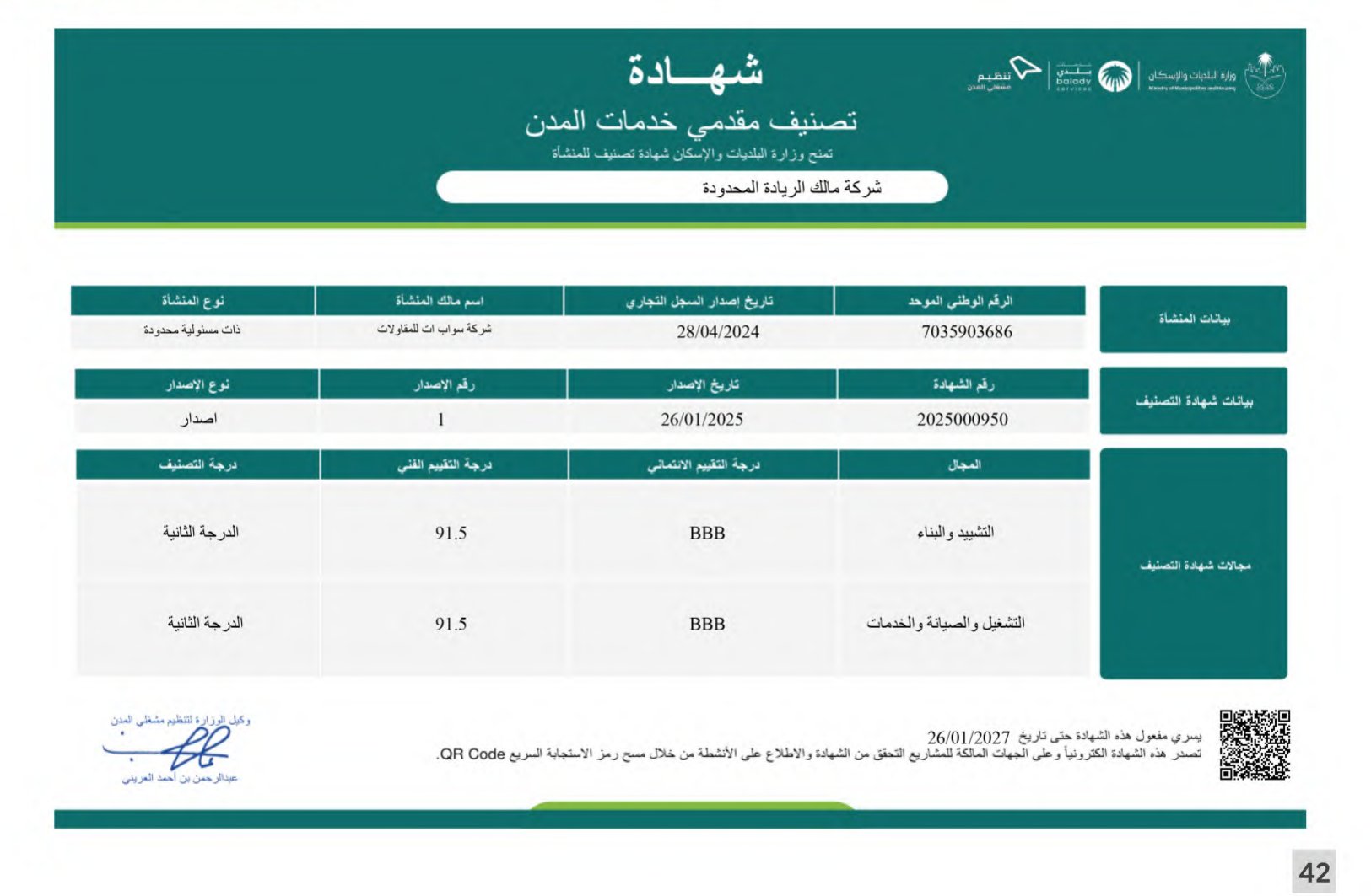 MOMRAH municipal services provider classification certificate