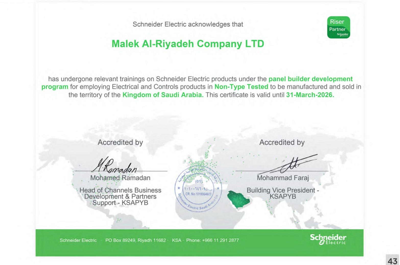 Schneider Electric Panel Builder Development Program certificate